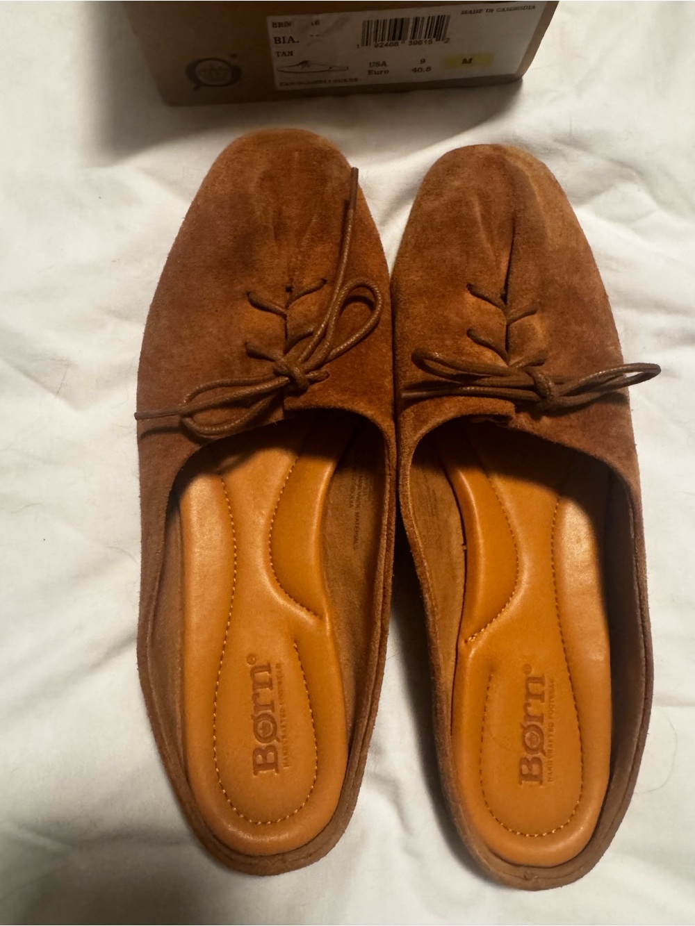 Born Tan Suede Slip-On Loafers with Bow Detail